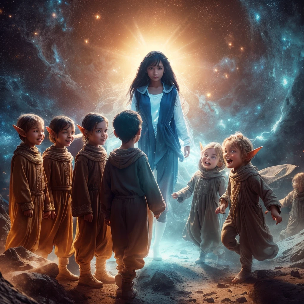 Complete and real image. On a planet in another galaxy there are 3 beautiful child-like elves, dressed in very baggy clothes, they laugh mischievously and curiously, observing a Hispanic woman with straight black hair, she is standing face-to-face fearfully, dressed in a blue sports car. and a white flannel that radiates white light. Photorealism, full view, highly detailed image, very realistic, hyperrealism, Ultra HD, 8k, 5, sharp focus, intricate and mysterious masterpiece. (Long exposure photography Highly detailed close-up portrait art illustration: final quality, medium shot, backlit, Rich and eye-catching. Enigmatic and mysterious manipulations (composition of the rule of thirds), ((detailed environment with strong lines) The best quality, in camera, white light, warm and clean aesthetics, dazzling screen composed of millions of brilliant ultraviolet rays, HDR.