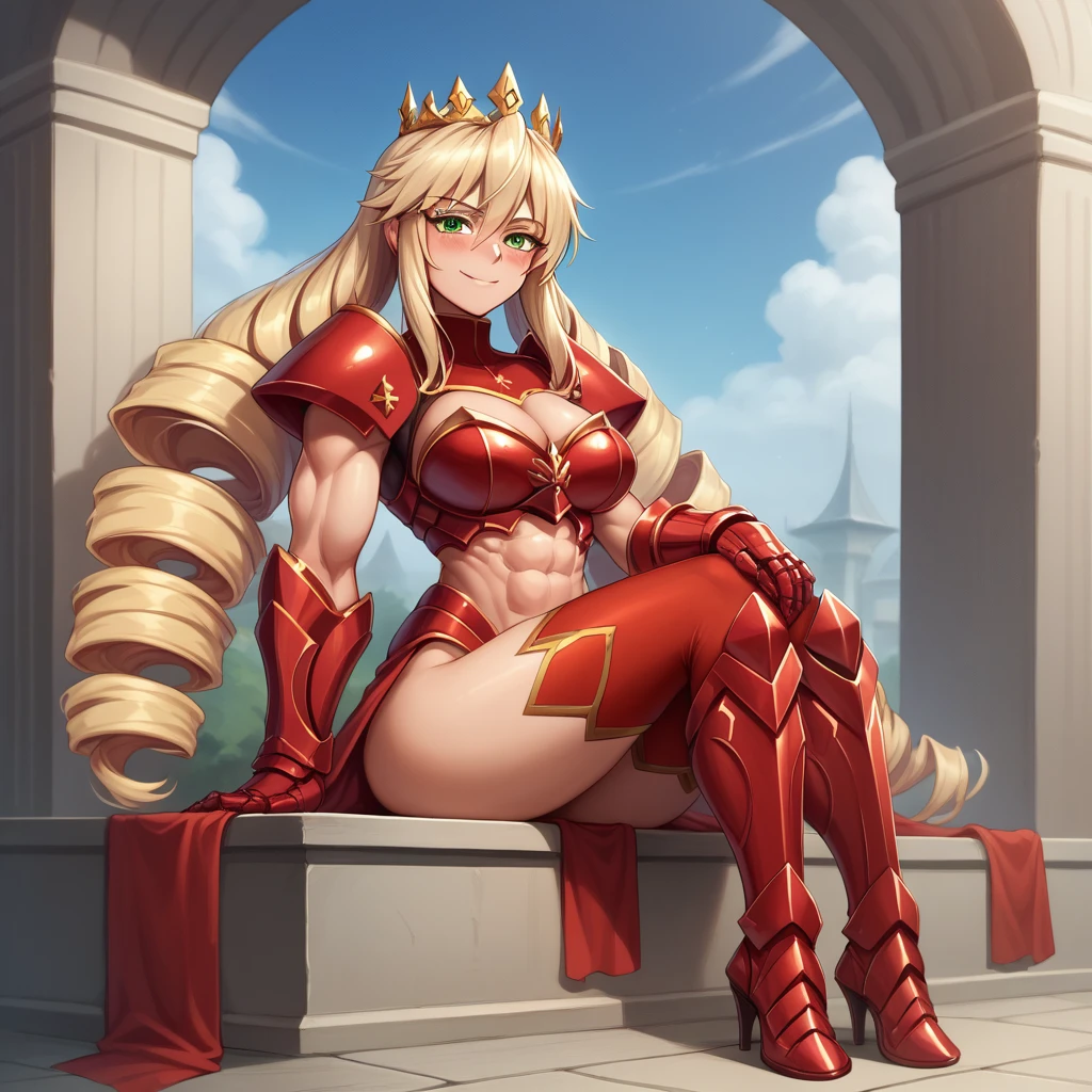 Lancer Artoria, elegant adult female, blonde, green eyes (yellow eyelashes) crown, turtleneck, full body sitting on a bench, showing ass to me, RED breastplate, RED skin (1SologirlRED skin:1.2), looking at viewer, shiny, armor, thigh highs, high boots, pauldrons shoulder armor, faulds, poleyn, RED gloves gauntlets, rerebrace, RED military armored boots, yordle muscular lean platinum blonde long twin tails hairstyle at the bedroom lustful smirking smile face red blushed, blush, strong abs, female body builder, tiara, twin drills hair, (masterpiece, best quality, ultra detailed, best shadow)