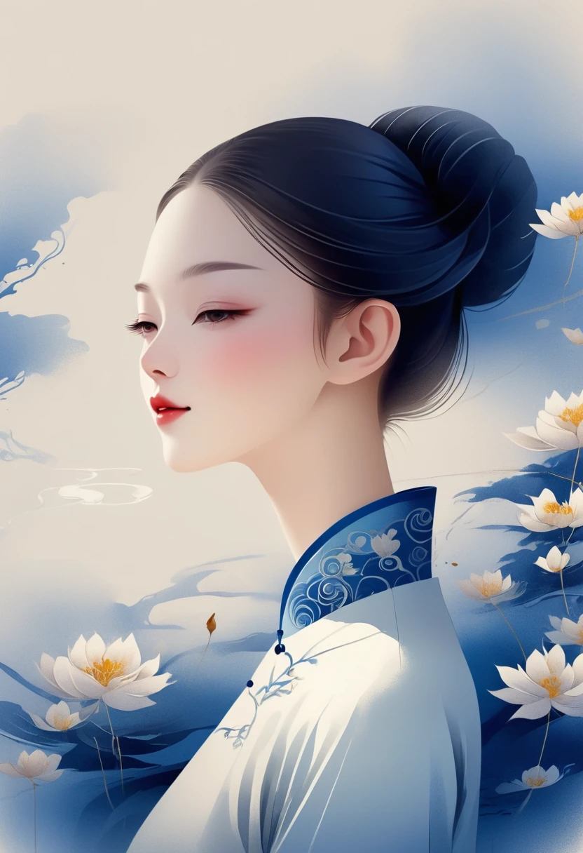 vector，Flat style wearing a long white silk cheongsam and blue embroidered flowers. The oriental beauty girl has a beautiful face and a gentle smile. The artistic conception is abstract digital art illustration. The background is a simple light basket ink dripping. The proportions of the figure are delicate and realistic in the gongbi watercolor style.