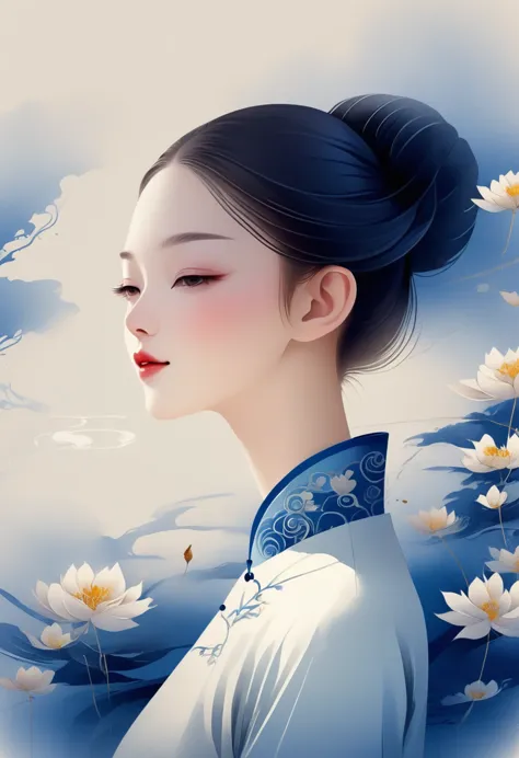 vector，Flat style wearing a long white silk cheongsam and blue embroidered flowers. The oriental beauty girl has a beautiful fac...