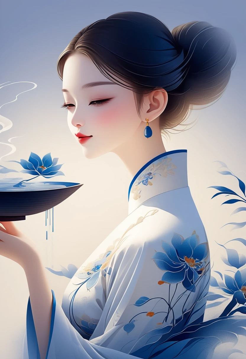 vector，Flat style wearing a long white silk cheongsam and blue embroidered flowers. The oriental beauty girl has a beautiful face and a gentle smile. The artistic conception is abstract digital art illustration. The background is a simple light basket ink dripping. The proportions of the figure are delicate and realistic in the gongbi watercolor style.