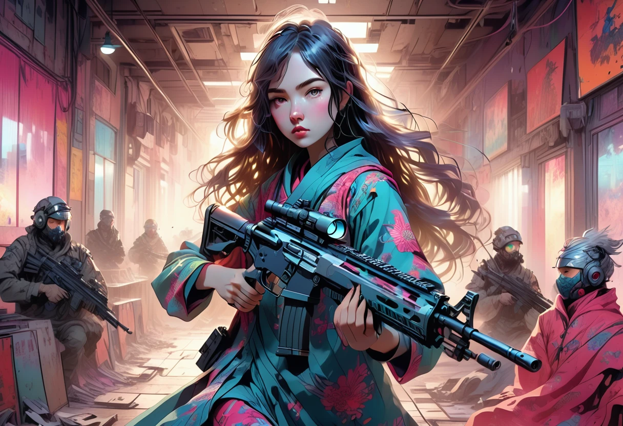 Young beautiful woman_Focused，Robot with long flowing hair(Night camouflage_Chinese Clothing:1.9)，(assault rifle high speed shooting:1.7)，(motion blur effect:1.5)，Chaos in the casino，crazy，destroy，(Best quality，4K，8K，high resolution，masterpiece:1.2)，Ultra Detailed，(reality，reality感，reality感:1.37)，Detailed facial features，Intricate clothing patterns，Striking pose，Dramatic lighting，Film composition，Vibrant colors，And the dystopian atmosphere，