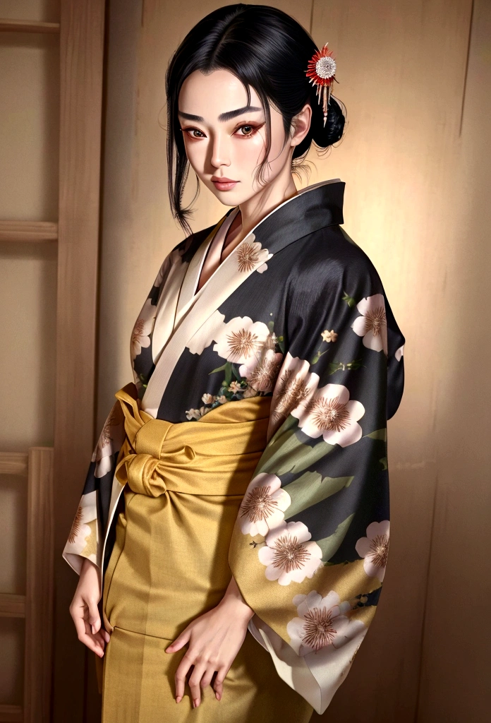 ((Top Quality, 8K, Masterpiece: 1.3)), Sharp Focus: 1.2, (Super Beautiful Face: 1.0), (Glossy Skin: 1.0), Realistic Photos, Black Hair, Realistic Pupils, Movie Lighting, Highly Detailed Eyes and Face, Movie Lighting,  (Cowboy Shot: 1.0),  (kimono, hakama, obi: 1.15),　(Korean Cute Actress), in nature, classic kimono,