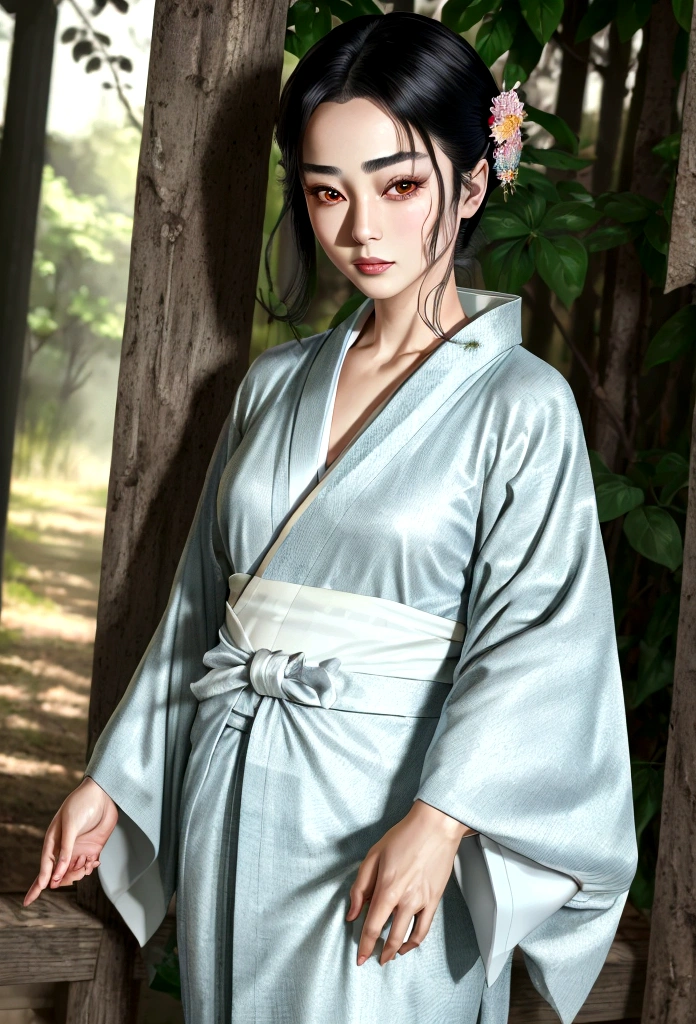 ((Top Quality, 8K, Masterpiece: 1.3)), Sharp Focus: 1.2, (Super Beautiful Face: 1.0), (Glossy Skin: 1.0), Realistic Photos, Black Hair, Realistic Pupils, Movie Lighting, Highly Detailed Eyes and Face, Movie Lighting,  (Cowboy Shot: 1.0),  (kimono, hakama, obi: 1.15),　(Korean Cute Actress), in nature, classic kimono,