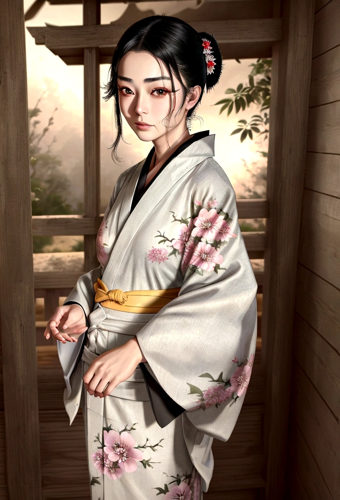 ((Top Quality, 8K, Masterpiece: 1.3)), Sharp Focus: 1.2, (Super Beautiful Face: 1.0), (Glossy Skin: 1.0), Realistic Photos, Black Hair, Realistic Pupils, Movie Lighting, Highly Detailed Eyes and Face, Movie Lighting,  (Cowboy Shot: 1.0),  (kimono, hakama, obi: 1.15),　(Korean Cute Actress), in nature, classic kimono,