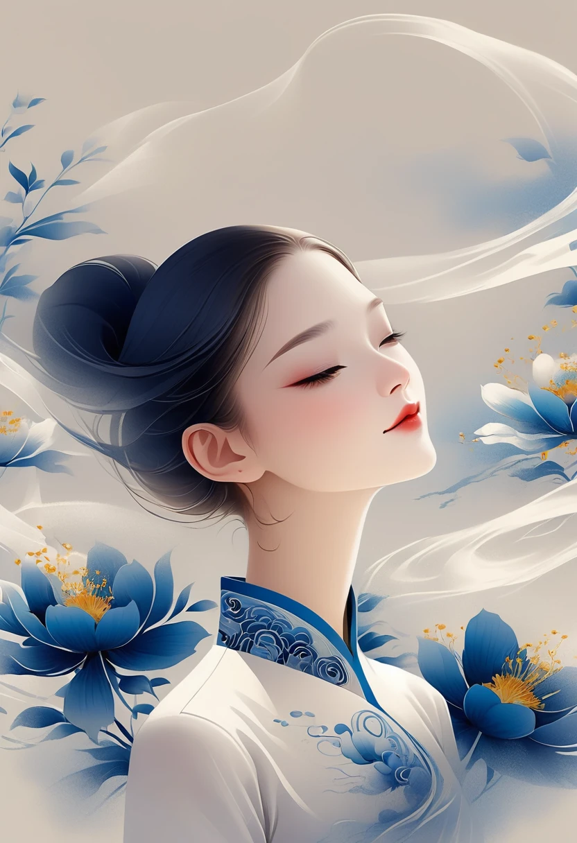 vector，Flat style wearing a long white silk cheongsam and blue embroidered flowers. The oriental beauty girl has a beautiful face and a gentle smile. The artistic conception is abstract digital art illustration. The background is a simple light basket ink dripping. The proportions of the figure are delicate and realistic in the gongbi watercolor style.