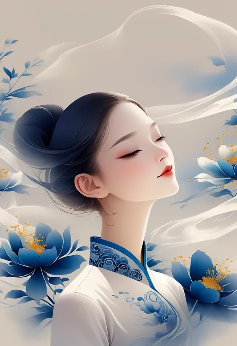 vector，Flat style wearing a long white silk cheongsam and blue embroidered flowers. The oriental beauty girl has a beautiful fac...
