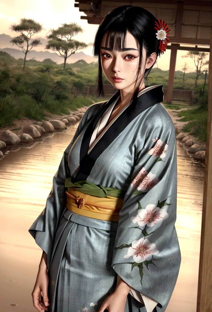 ((Top Quality, 8K, Masterpiece: 1.3)), Sharp Focus: 1.2, (Super Beautiful Face: 1.0), (Glossy Skin: 1.0), Realistic Photos, Black Hair, Realistic Pupils, Movie Lighting, Highly Detailed Eyes and Face, Movie Lighting,  (Cowboy Shot: 1.0),  (kimono, hakama, obi: 1.15),　(Korean Cute Actress), in nature, classic kimono,