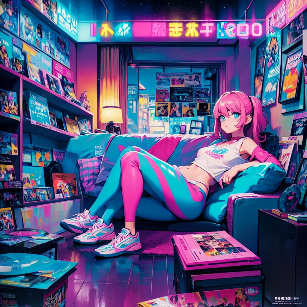 (masterpiece), Highest quality, Expressive eyes, Neon pastel aesthetics, Retro 90s, Neon color,((Girl sitting on sofa,In a cozy room,Records hanging on her wall, Comic books on the floor, Looking out the window behind her at the night city, Upholstered room, Anime figures lined up on a shelf)), Wearing headphones, (All around her it sparkles), (wearing thick colorful sneakers), (blue eyes), (Soft look), (Synthwave Art Style), Colorful Hair, Desk with PC set up