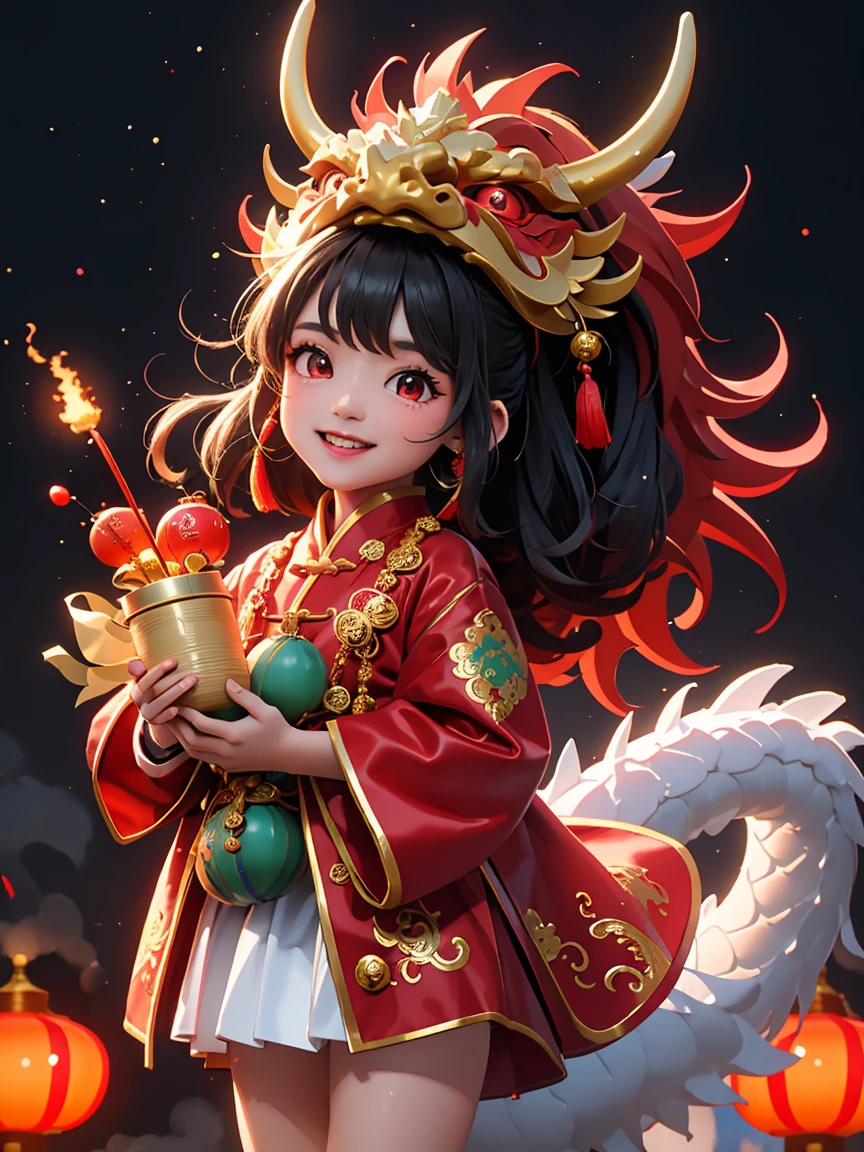 masterpiece,(best quality),Very detailed,Very detailed, (1 girl), Chinese traditional clothing, Red衣服, dragon hat, dragon, Vivid appearance, eyes full of joy, Bright fireworks, Kaneko, Red, Smiley Face, Red Lantern, warm light, Festive mood, Bustling streets, Expressions of joy and excitement, The unique charm of the Spring Festival Gala, HD resolution, artwork.