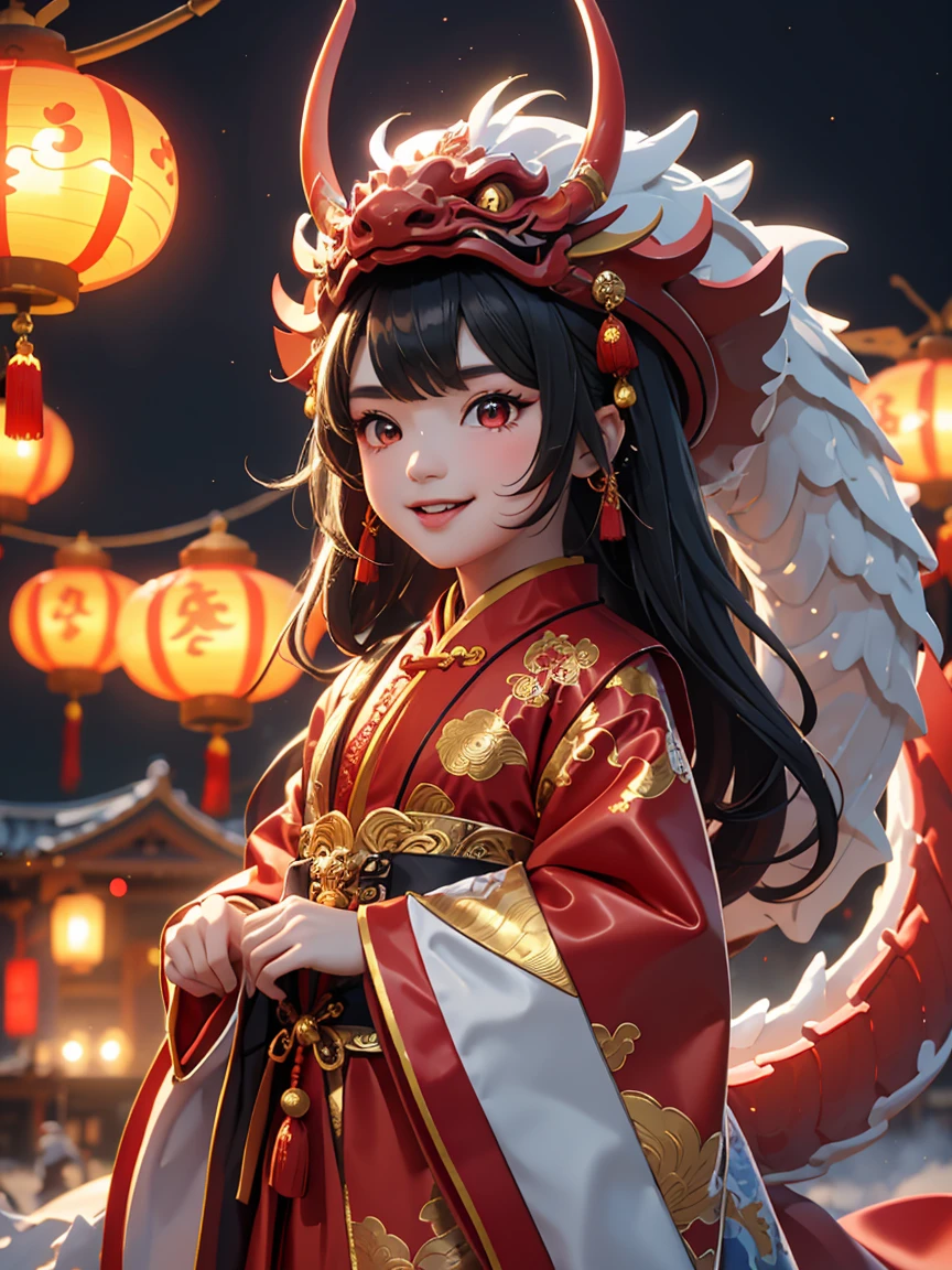 masterpiece,(best quality),Very detailed,Very detailed, (1 girl), Chinese traditional clothing, Red衣服, dragon hat, dragon, Vivid appearance, eyes full of joy, Bright fireworks, Kaneko, Red, Smiley Face, Red Lantern, warm light, Festive mood, Bustling streets, Expressions of joy and excitement, The unique charm of the Spring Festival Gala, HD resolution, artwork.