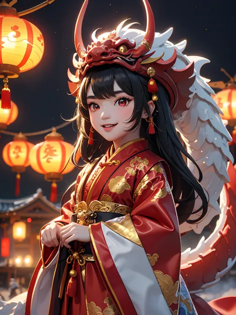 masterpiece,(best quality),Very detailed,Very detailed, (1 girl), Chinese traditional clothing, Red衣服, dragon hat, dragon, Vivid...