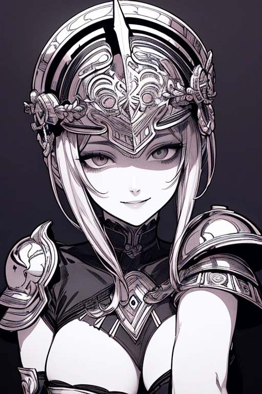 Highest quality, (Background details), High Contrast, One very beautiful woman, Detailed original illustrations、Functional、Delicate face、Warrior、、Ancient Greek helmet、armor、Alluring、Villainess、sexy、Real breasts、Crazy Smile, Crazy Eyes, Head close-up,, Black background, (Black background: 1.5), Beautiful line drawing、Monochrome