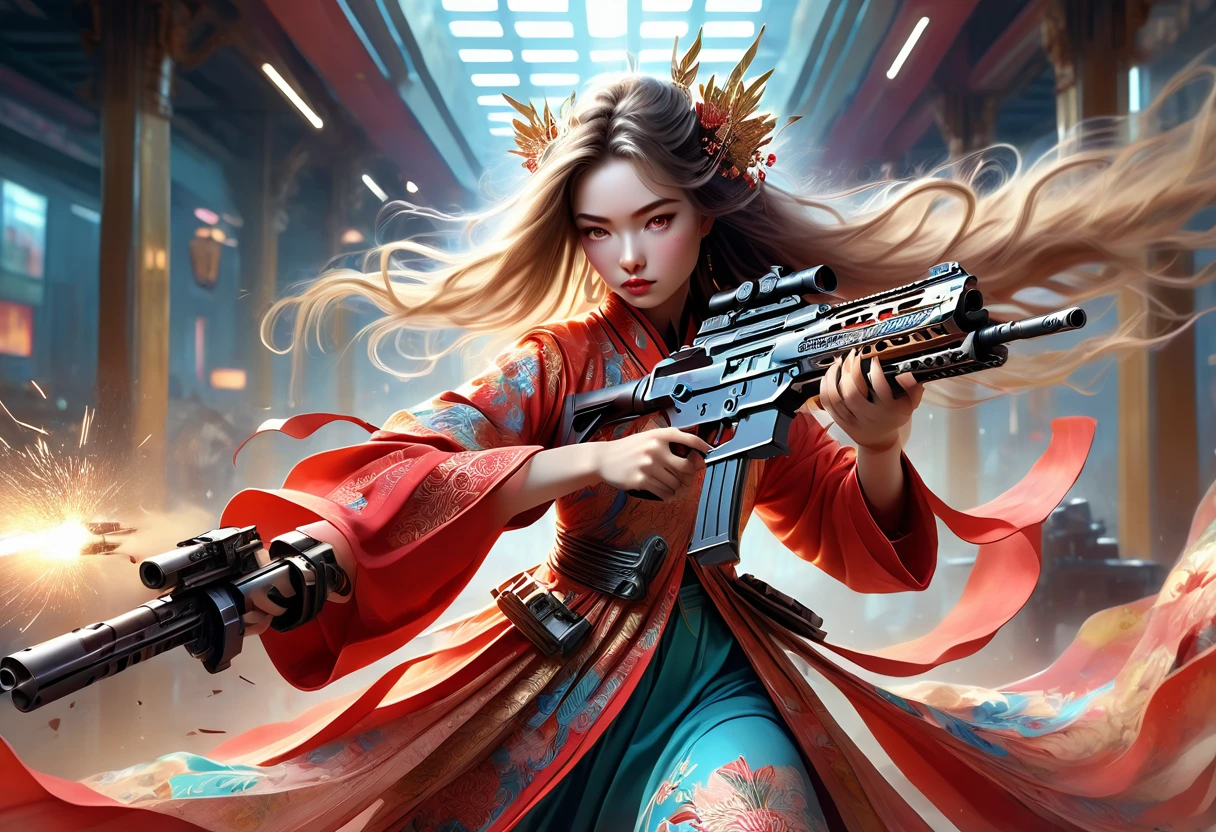 Young beautiful woman_Focused，Robot with long flowing hair(Chinese Clothing:1.9)，(assault rifle high speed shooting:1.7)，(motion blur effect:1.5)，Chaos in the casino，crazy，destroy，(Best quality，4K，8K，high resolution，masterpiece:1.2)，Ultra Detailed，(reality，reality感，reality感:1.37)，Detailed facial features，Intricate clothing patterns，Striking pose，Dramatic lighting，Film composition，Vibrant colors，And the dystopian atmosphere，