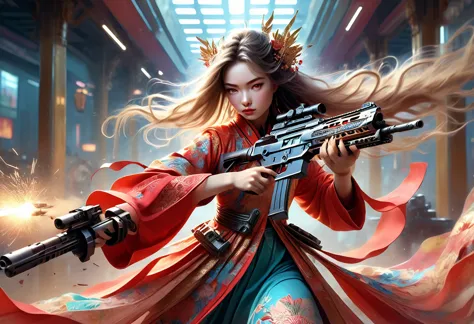 Young beautiful woman_Focused，Robot with long flowing hair(Chinese Clothing:1.9)，(assault rifle high speed shooting:1.7)，(motion...