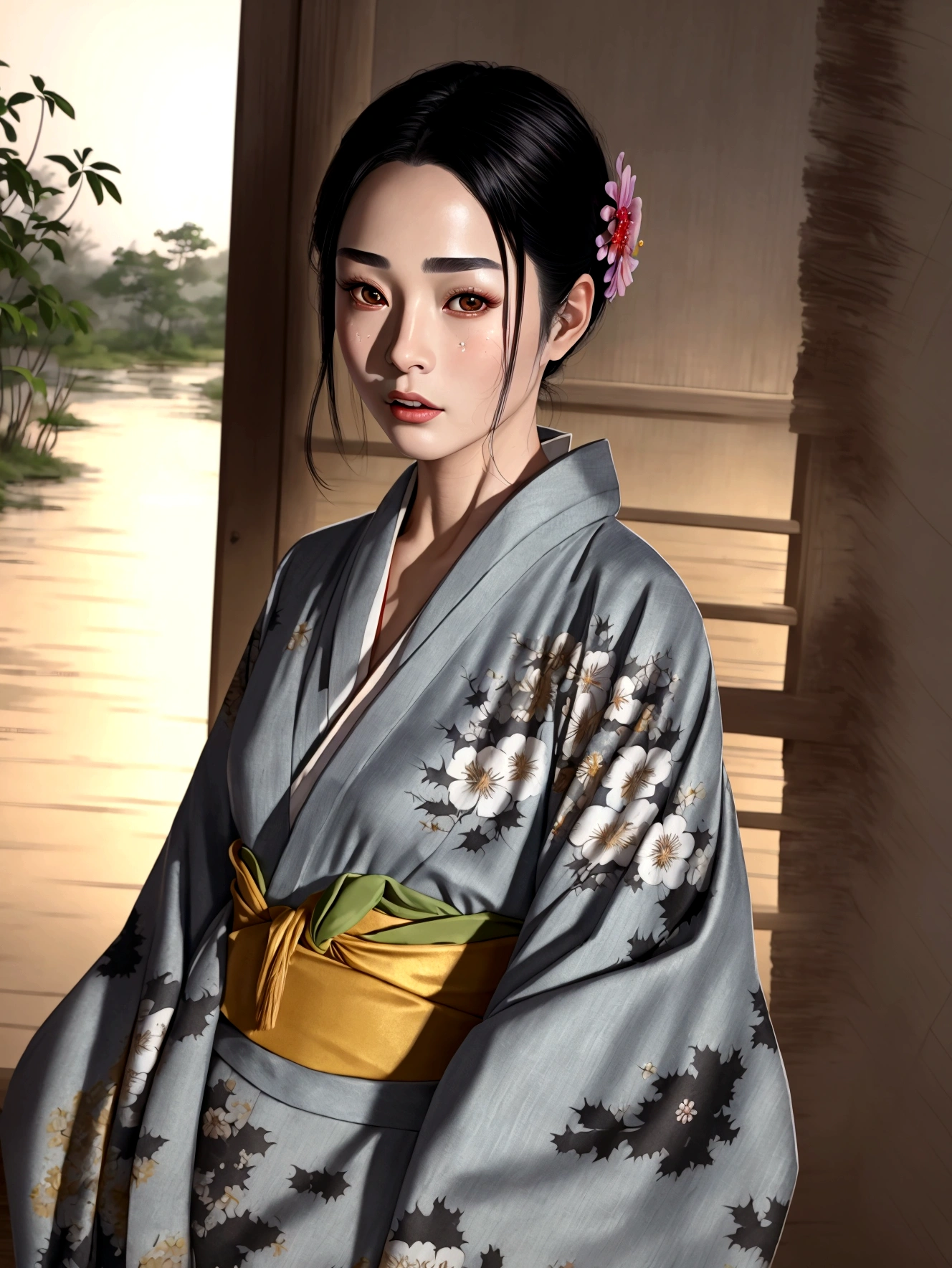 ((Top Quality, 8K, Masterpiece: 1.3)), Sharp Focus: 1.2, (Super Beautiful Face: 1.0), (Glossy Skin: 1.0), Realistic Photos, Black Hair, Realistic Pupils, Movie Lighting, Highly Detailed Eyes and Face, Movie Lighting,  (Cowboy Shot: 1.0),  (kimono, hakama, obi: 1.15),　(Korean Cute Actress), in nature, classic kimono,