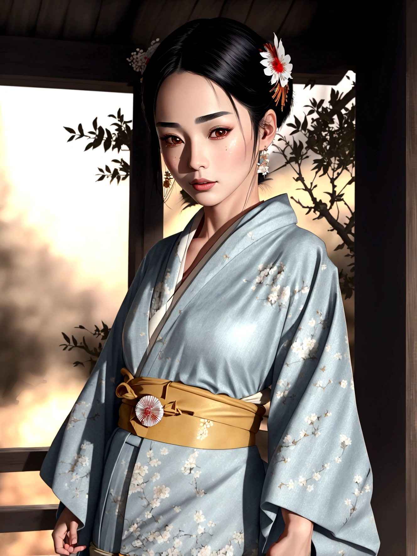 ((Top Quality, 8K, Masterpiece: 1.3)), Sharp Focus: 1.2, (Super Beautiful Face: 1.0), (Glossy Skin: 1.0), Realistic Photos, Black Hair, Realistic Pupils, Movie Lighting, Highly Detailed Eyes and Face, Movie Lighting,  (Cowboy Shot: 1.0),  (kimono, hakama, obi: 1.15),　(Korean Cute Actress), in nature, classic kimono,