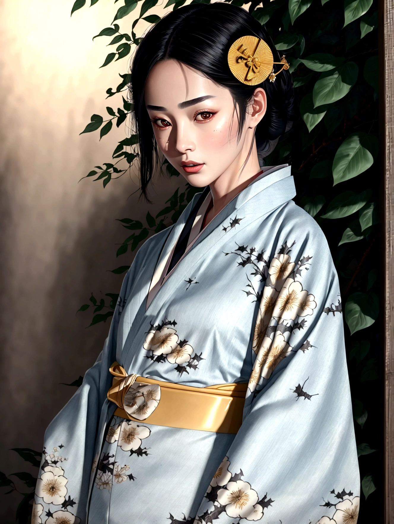 ((Top Quality, 8K, Masterpiece: 1.3)), Sharp Focus: 1.2, (Super Beautiful Face: 1.0), (Glossy Skin: 1.0), Realistic Photos, Black Hair, Realistic Pupils, Movie Lighting, Highly Detailed Eyes and Face, Movie Lighting,  (Cowboy Shot: 1.0),  (kimono, hakama, obi: 1.15),　(Korean Cute Actress), in nature, classic kimono,