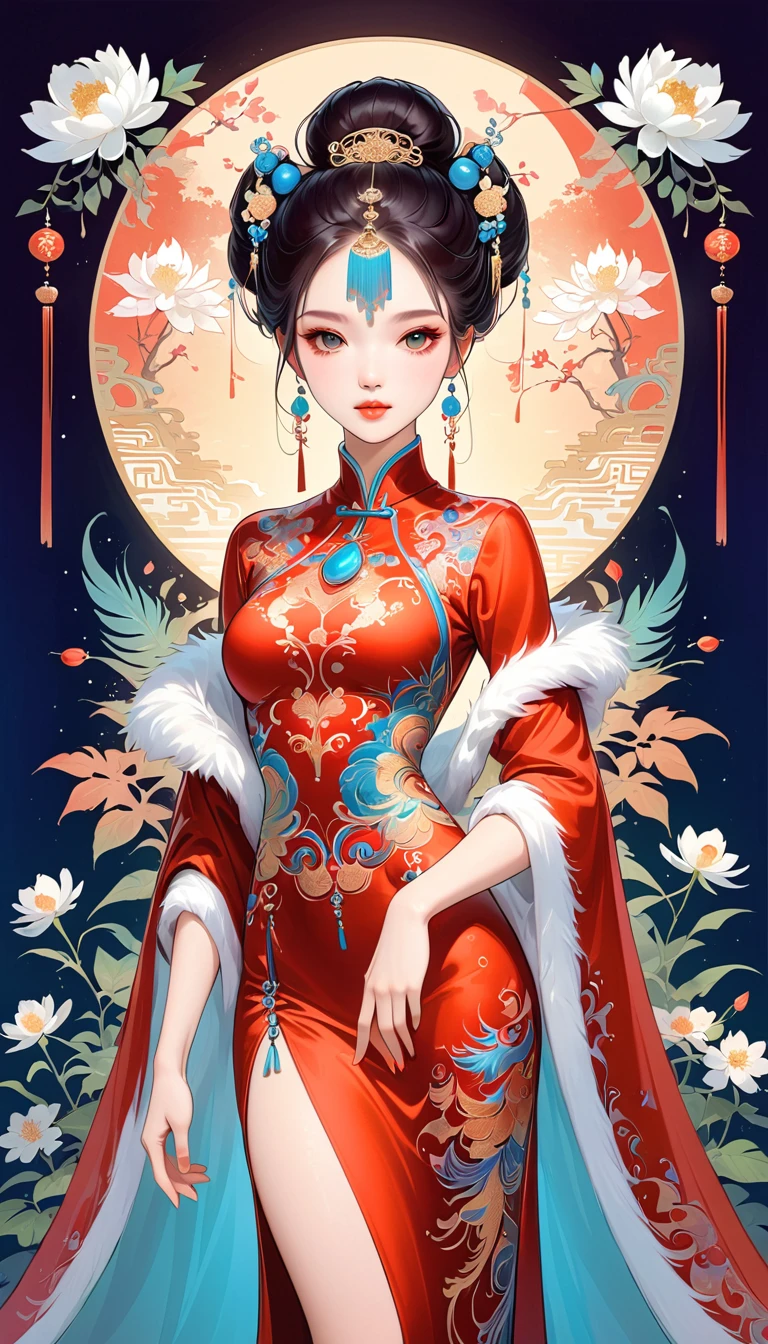 Chinese cheongsam sexy,illustration,High-end fashion,Beautiful and delicate eyes,Beautiful and delicate lips,Long eyelashes,Exquisite makeup,Vibrant colors,posture,Attractive background,Stylized Lighting,editing style,Chinese cultural elements,Exquisite embroidery,Detailed pattern,Modern transformation,Feminine charm,complicated,Futuristic,Chic hairstyle,Beautiful accessories,Tempting,Wearing stylish high heels,Luxurious fabrics,Beautiful movements,Confident expression,Ethereal atmosphere,Colorful composition,Impeccable attention to detail,Modern elegance,Expressive eyes,Dramatic Lighting,Seamless Integration,Artistic talent,Rich texture,Perfect fashion sense,Colored lights,Sentimental atmosphere,A bold fashion statement,Stylish composition