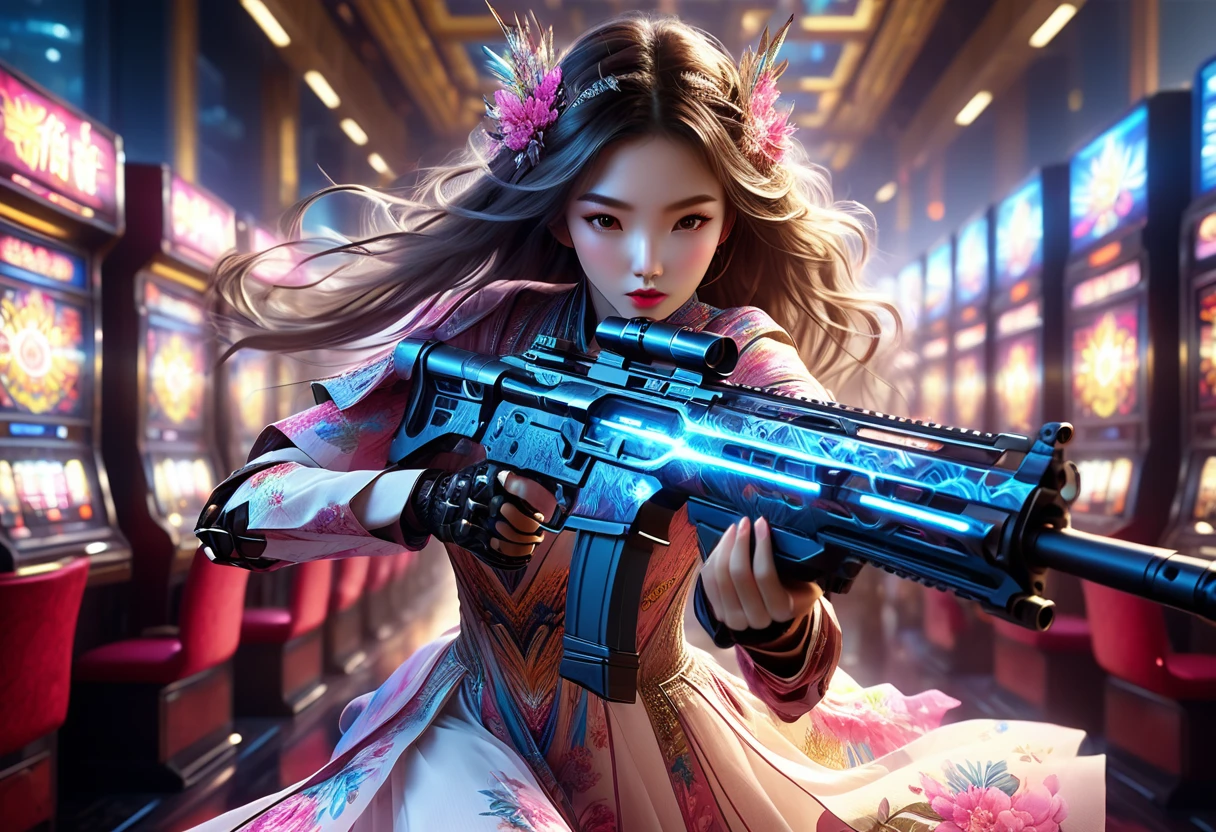 Young beautiful woman_Focused，Robot with long flowing hair(China dress:1.9)，(assault rifle high speed shooting:1.7)，(motion blur effect:1.5)，Chaos in the casino，crazy，destroy，(Best quality，4K，8K，high resolution，masterpiece:1.2)，Ultra Detailed，(reality，reality感，reality感:1.37)，Detailed facial features，Intricate clothing patterns，Striking pose，Dramatic lighting，Film composition，Vibrant colors，And the dystopian atmosphere，