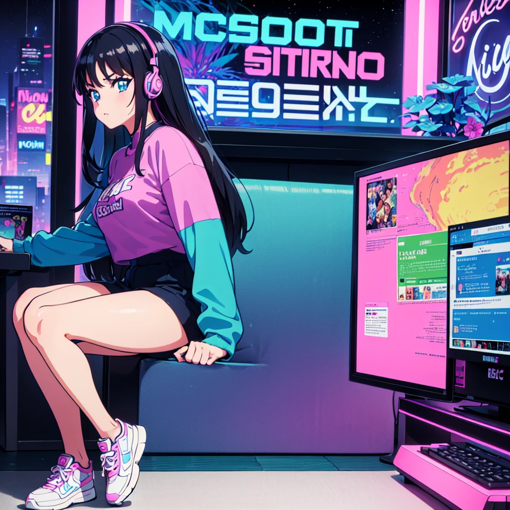 (masterpiece), Highest quality, Expressive eyes, Neon pastel aesthetics, Retro 90s, Neon color,((Girl sitting on sofa,In a cozy room,Records hanging on her wall, Comic books on the floor, Looking out the window behind her at the night city, Upholstered room, Anime figures lined up on a shelf)), Wearing headphones, (All around her it sparkles), (wearing thick colorful sneakers), (blue eyes), (Soft look), (Synthwave Art Style), Colorful Hair, Desk with PC set up