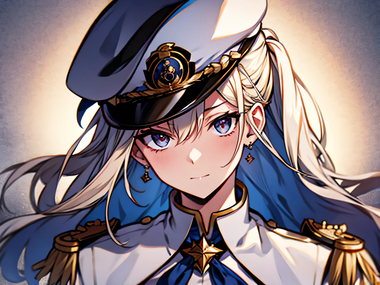 Royal Navy, Horatio Nelson, Admiral, on board, warship, clear skies, aboard a warship at sea, commander, naval uniform, blonde hair, hair bun, beautiful lady, raised eyebrows, upturned eyes, earrings, cinematic lighting, pov, ((masterpiece)), (super detail), perfect face, high detailed eyes, textured skin, high quality, highres, Viscount, Medal, British Navy Cap