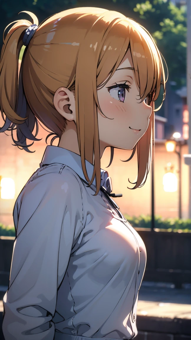  ((happy expression)), ((dropping eyes)),park background, middle breast, detailed face, highres, 1girl, 28yo, smile, good anatomy, soft focus, cinematic lighting, depth of field, profile shot