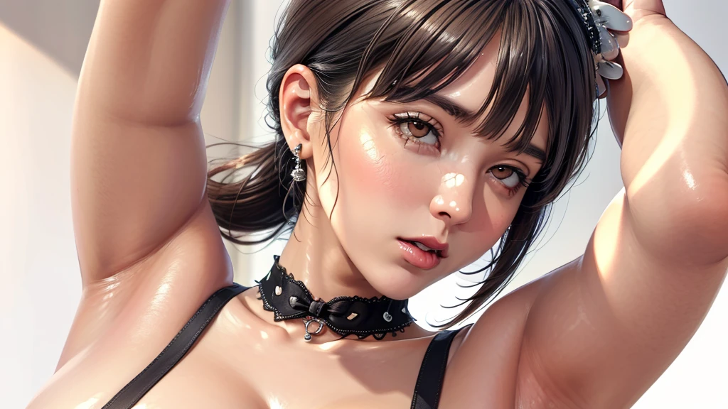 (（（Perfect body,White and tender skin,（（（Black strap dress, black long bow tie, white lining, black hat）））,（（（Kobeni Higashiyama, black hair, hair ornament, hairclip,  ponytail, short hair, (brown eyes:1.5),）））,((masterpiece)),highres,((Best quality at best)),masterpiece,quality,Best quality,(（（ Exquisite facial features,Looking at the audience,There is light in the eyes,(（（ahegao，Slobber，Open your mouth，Drool marks））），）））,（（（Light and shadow,Huge breasts,）））,（（（Looking at the camera,White background)））)