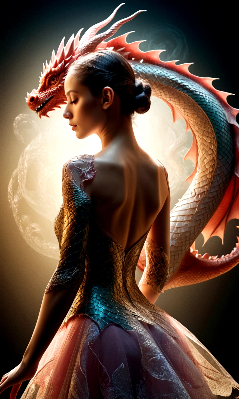 photoillustration of double exposure of merged, a ballerina, a dragon (3D effect of a dragon images fit on her body), seamless mix, texture and pattern, 3D effect, dramatic shadows, dramatic lights, interlacing elements, fit-image on her body, back view, fantasy art, digital manipulated photo art