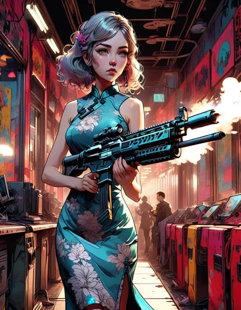 Young beautiful woman_Focused，Big breasts_Big Ass_Robot with long flowing hair((Tight cheongsam dress:1.9))，(assault rifle high ...