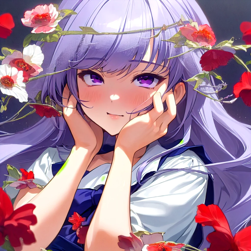 best quality, masterpiece, ultra-detailed, kazami kazuki, silver hair, 1 girl, solo,  long hair, purple eyes, , yandere trance, yandere hands on own face,hands on own cheeks, closeup