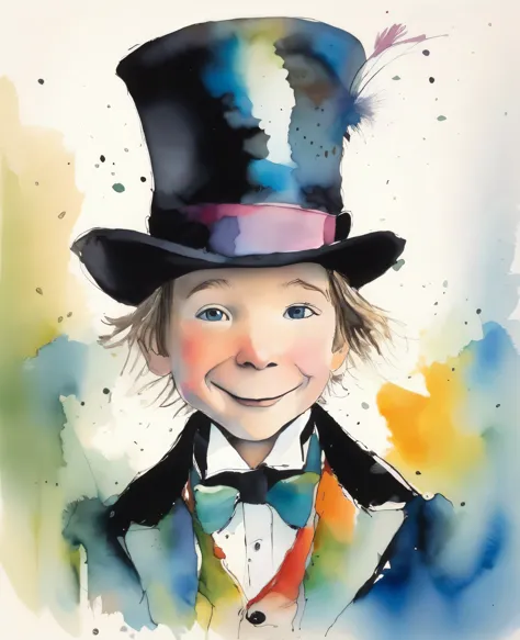 Quentin Blake style photo 、Children and Gentlemen、Portraiture、High resolution、How to wear a top hat、Highest quality、masterpiece、...