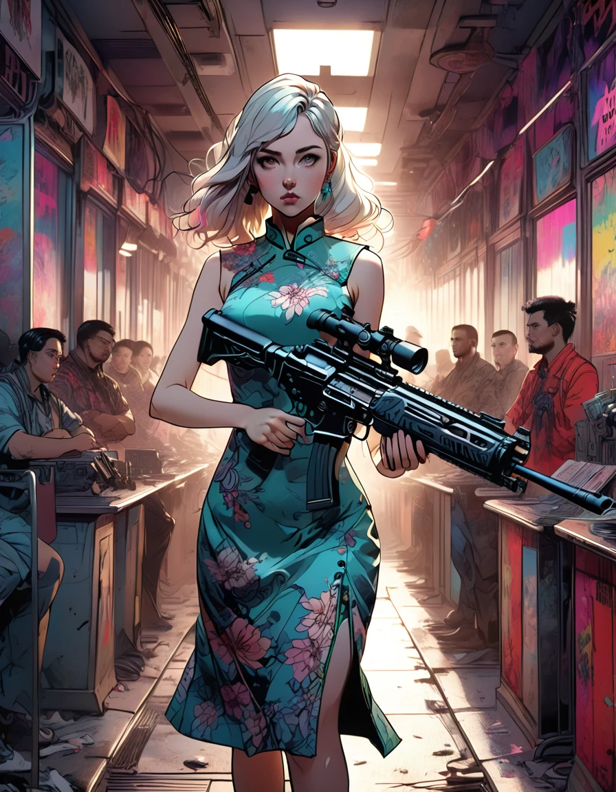 Young beautiful woman_Focused，Big breasts_Big Ass_Robot with long flowing hair((Tight cheongsam dress:1.9))，(Rapid Fire Assault Rifle:1.7)，(motion blur effect:1.5)，Chaos in the casino，crazy，destroy，(Best quality，4K，8K，high resolution，masterpiece:1.2)，Ultra Detailed，(reality，reality感，reality感:1.37)，Detailed facial features，Intricate clothing patterns，Striking pose，Dramatic lighting，Film composition，Vibrant colors，And the dystopian atmosphere，assault rifle