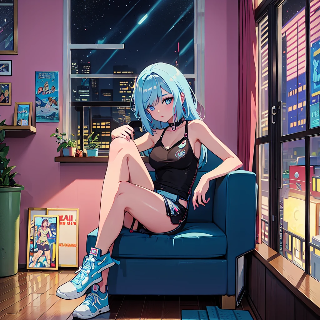 (masterpiece), Highest quality, Expressive eyes, Neon pastel aesthetics, Retro 90s, Neon color,((Girl sitting on sofa,In a cozy room,Records hanging on her wall, Comic books on the floor, Looking out the window behind her at the night city, Upholstered room, Anime figures lined up on a shelf)), Wearing headphones, (All around her it sparkles), (wearing thick colorful sneakers), (blue eyes), (Soft look), (Synthwave Art Style), Colorful Hair, Desk with PC set up