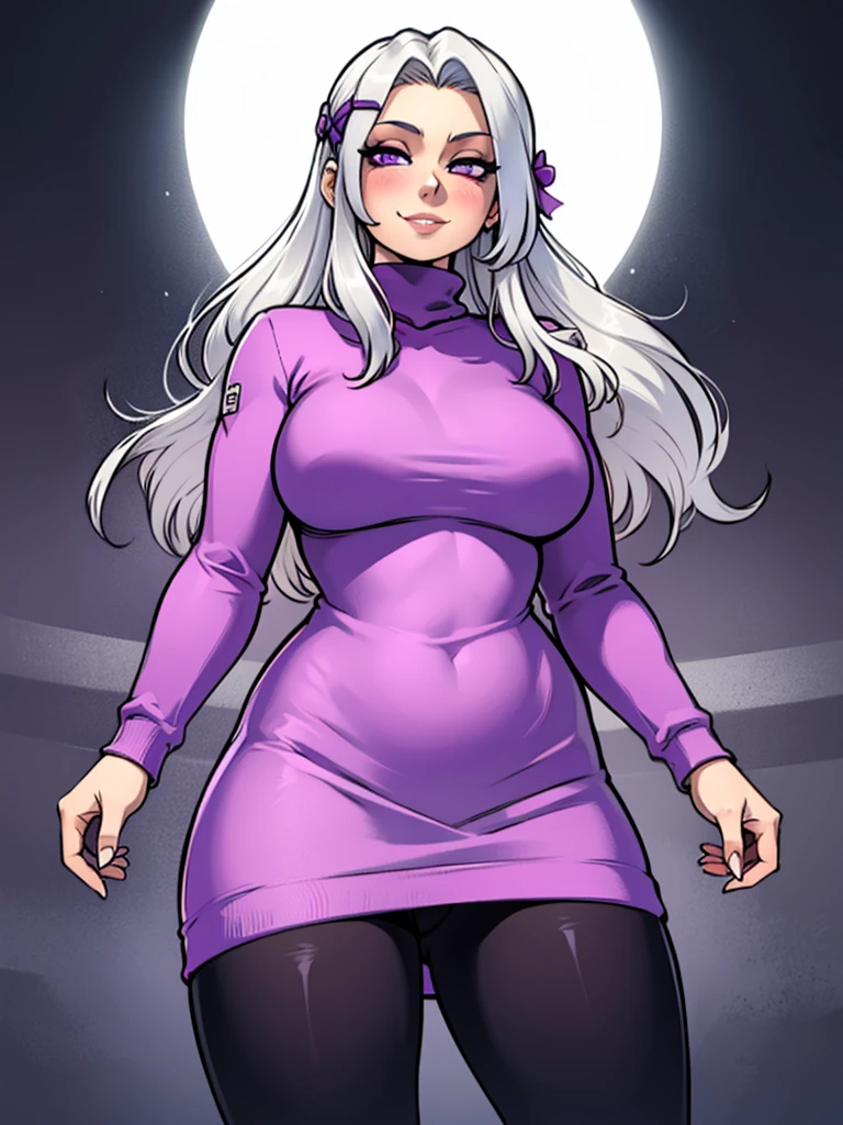 high_aesthetic,art by Lazorchef, ((Masterpiece, best quality, perfect lighting, amazing shading)), perfect anatomy, field of depth, extremely beautiful, long silver hair, hair ribbons, purple eyes, (turtleneck) sweater dress, leggings, cute smile, blushing, (cowboy shot), (elegant pose), simple background