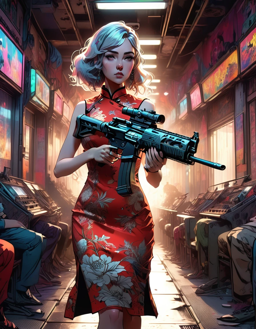 Young beautiful woman_Focused，Big breasts_Big Ass_Robot with long flowing hair((Tight cheongsam dress:1.9))，(Rapid Fire Assault Rifle:1.7)，(motion blur effect:1.5)，Chaos in the casino，crazy，destroy，(Best quality，4K，8K，high resolution，masterpiece:1.2)，Ultra Detailed，(reality，reality感，reality感:1.37)，Detailed facial features，Intricate clothing patterns，Striking pose，Dramatic lighting，Film composition，Vibrant colors，And the dystopian atmosphere，assault rifle