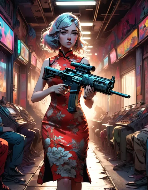 Young beautiful woman_Focused，Big breasts_Big Ass_Robot with long flowing hair((Tight cheongsam dress:1.9))，(Rapid Fire Assault ...