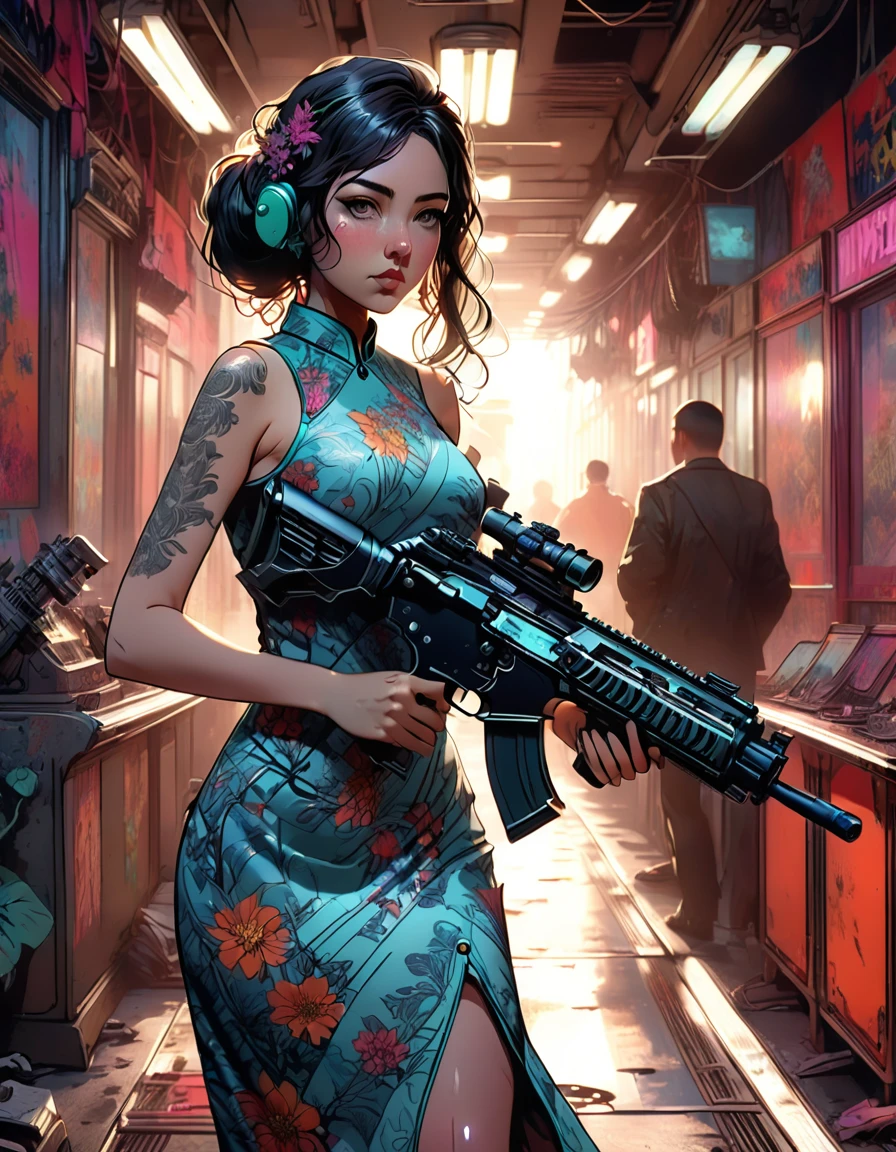 belle jeune femme_concentré，gros seins_gros cul_Robot aux cheveux longs et flottants((Robe cheongsam moulante:1.9))，(Fusil d&#39;assaut à tir rapide:1.7)，(effet de flou de mouvement:1.5)，Chaos au casino，fou，détruire，(meilleure qualité，4K，8k，Haute résolution，chef-d&#39;œuvre:1.2)，ultra détaillé，(réalité，réalité感，réalité感:1.37)，Caractéristiques détaillées du visage，Des modèles de vêtements complexes，pose frappante，éclairage dramatique，composition du film，couleurs vives，Et l&#39;atmosphère dystopique，fusil d&#39;assaut