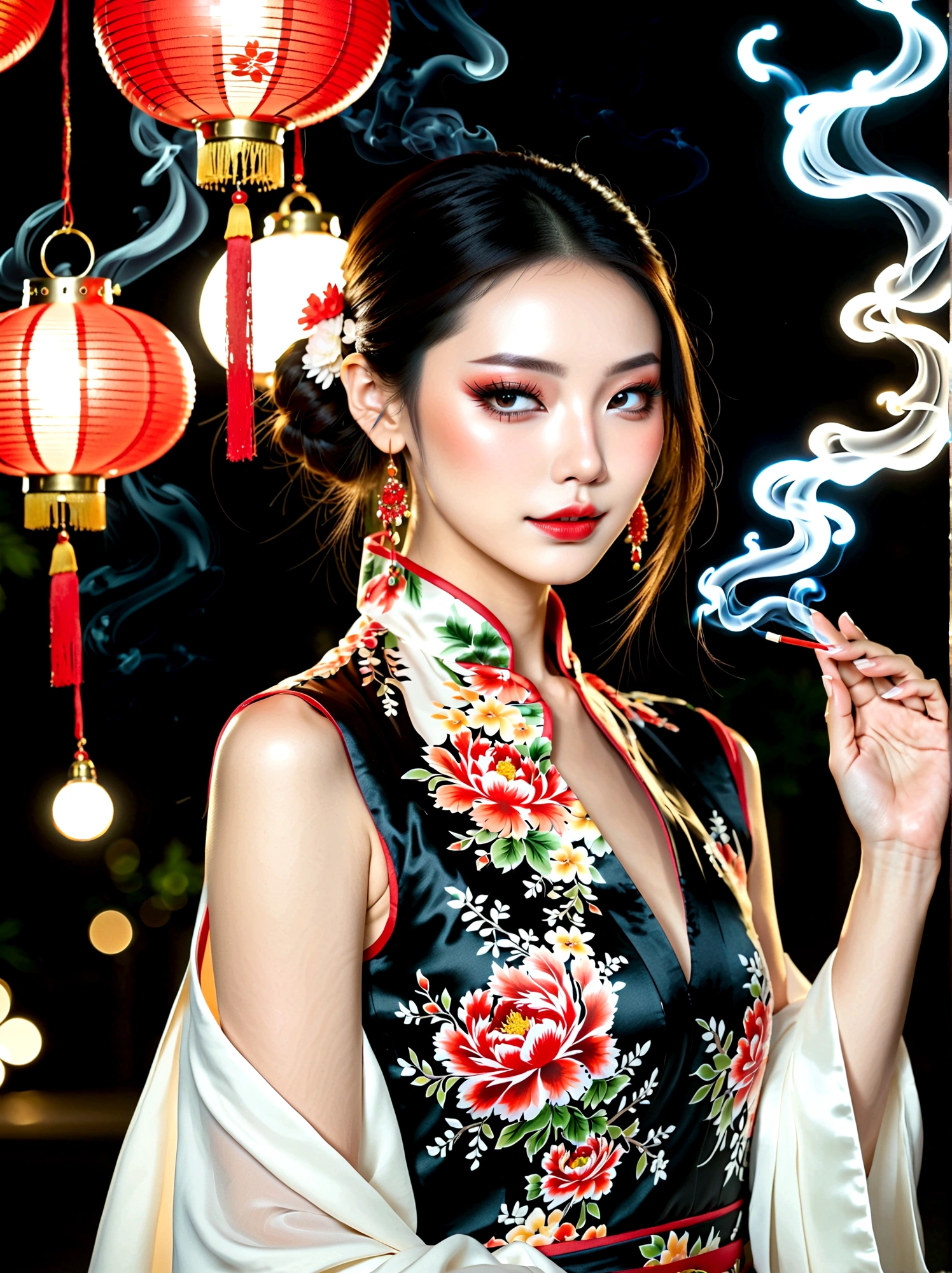 (bare shoulders:0.6),full body,Cheongsam,(Glowing ambiance, enchanting radiance, luminous lighting, ethereal atmosphere, mesmerizing glow, evocative hues, captivating coloration, dramatic lighting, enchanting aura),1girl,masterpiece,best quality,1girl,(in smoke:1.1),(dynamic smokeanywhere:1.4),(upper body:1.2),(1 Chinese patterns in the middle of the girl's forehead),girl with a weak temperament,epic cinematic,soft nature lights,rim light,absurd,amazing,funny,itricate,hyper detailed,ultra realistic,soft colors