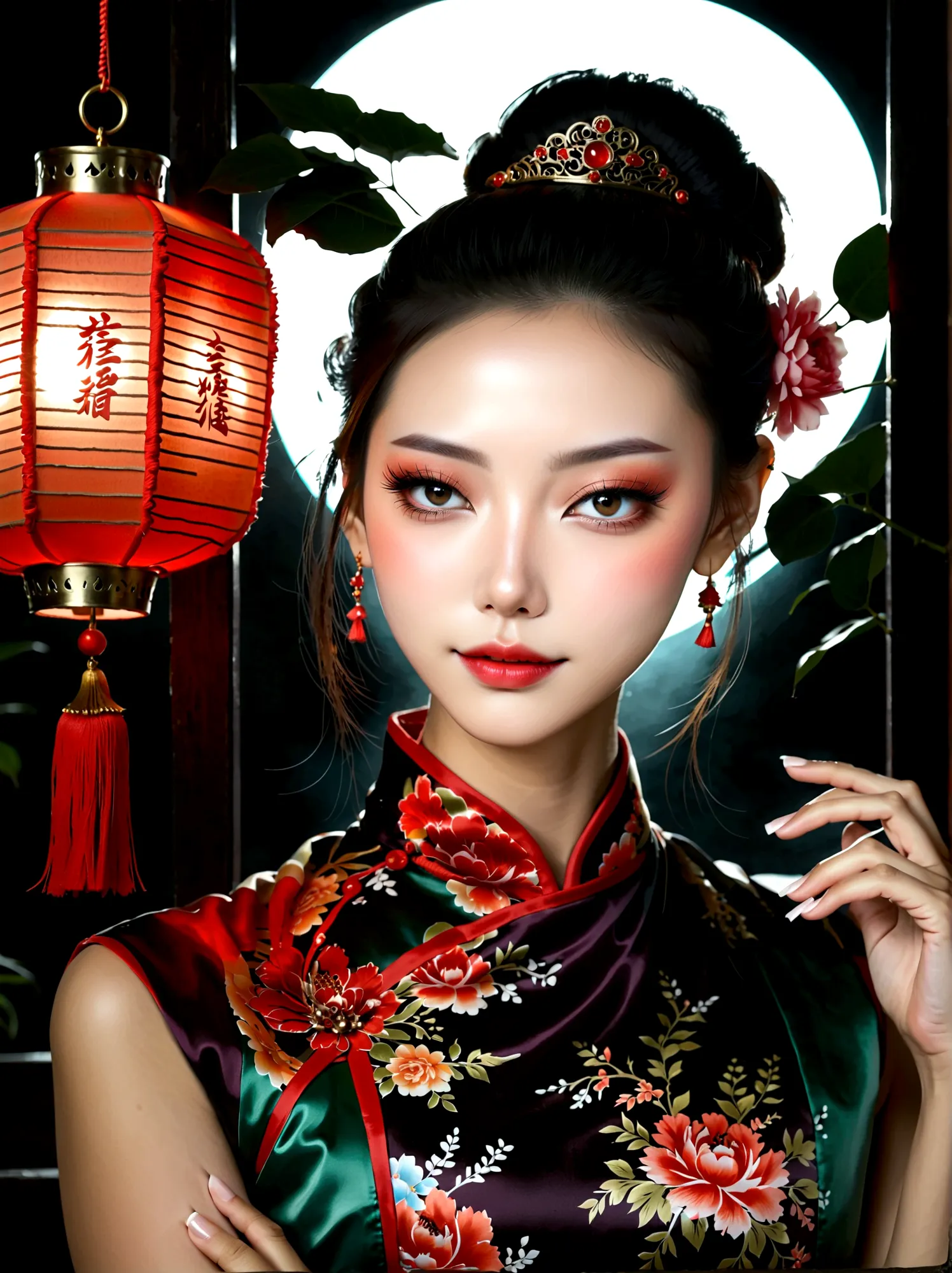 (bare shoulders:0.6),full body,Cheongsam,(Glowing ambiance, enchanting radiance, luminous lighting, ethereal atmosphere, mesmeri...