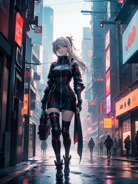 yoimiya, 1women, wearing a futuristic outfit, cyberpunk outfit, at a future city, cyberpunk look, 8k, high detailed, high qualit...