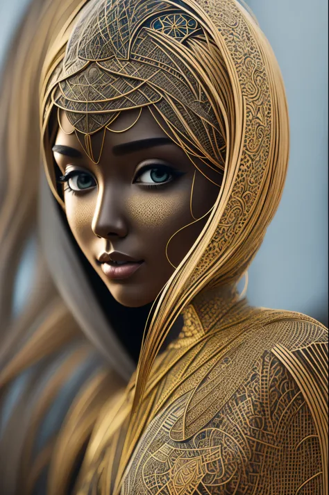 a close up of a girl with a metal structure body, a hyperrealistic painting inspired by peter gric, zbrush central contest winne...