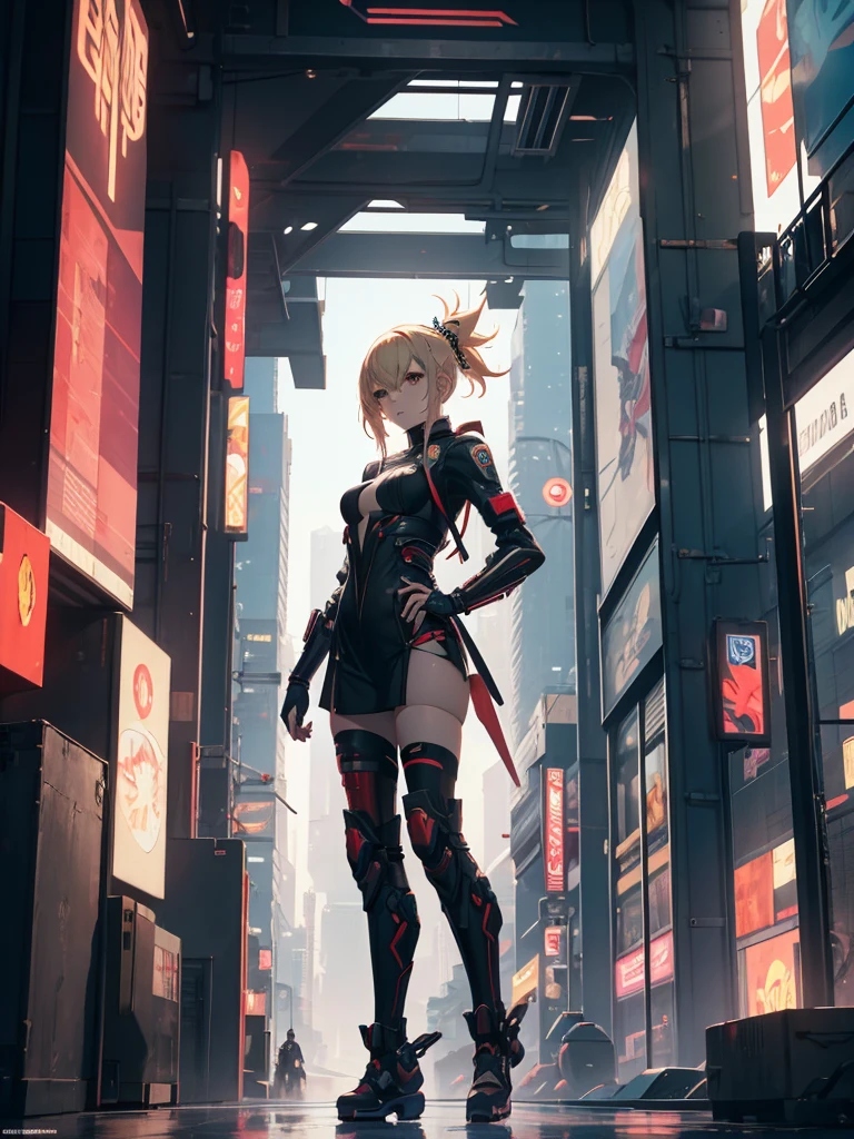 Yoimiya, 1women, wearing a futuristic outfit, cyberpunk outfit, at a future city, cyberpunk look, blonde colour hair, 8k, high detailed, high quality
