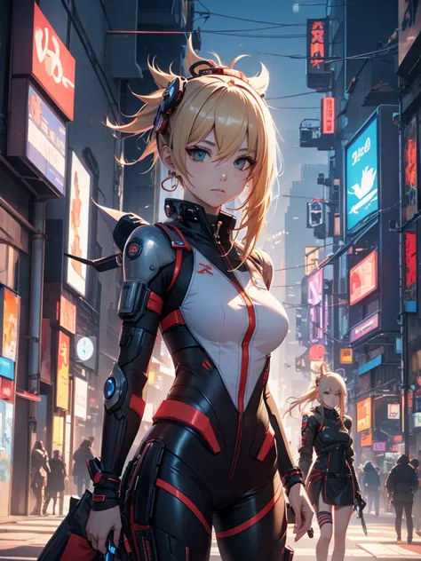 yoimiya, 1women, wearing a futuristic outfit, cyberpunk outfit, at a future city, cyberpunk look, blonde colour hair, 8k, high d...