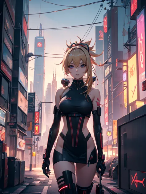 yoimiya, 1women, wearing a futuristic outfit, cyberpunk outfit, at a future city, cyberpunk look, blonde colour hair, 8k, high d...