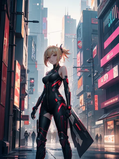 yoimiya, 1women, wearing a futuristic outfit, cyberpunk outfit, at a future city, cyberpunk look, blonde colour hair, 8k, high d...