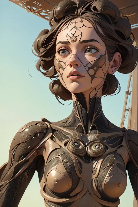 a close up of a girl with a metal structure body, a hyperrealistic painting inspired by peter gric, zbrush central contest winne...