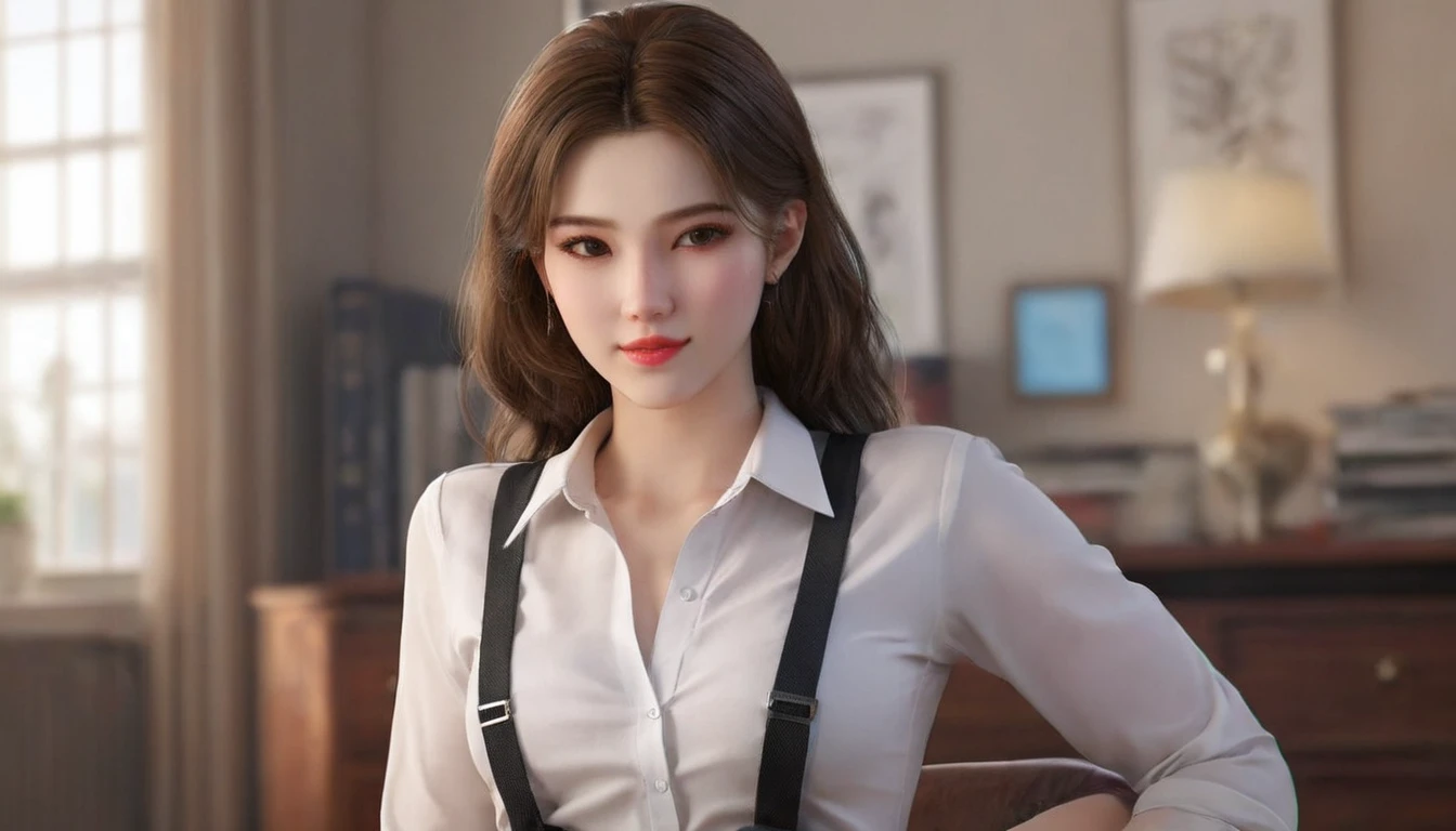 high resolution,masterpiece,best quality,Extremely detailed,photograph,1 Girl,Beautiful Secretary,Wearing professional attire,White button-down shirt,Eyes Focus,Crispy breast half open,Black suspenders,High heel,Full body image,Realistic details,So-colored hair,sweet smile,delicate and white skin,Exquisite and perfect facial features,Detailed facial features,Room,Beautiful lighting,Soft and graceful temperament,Facial lighting,Hyper-displayism,Realistic details,masterpiece,Brilliant Beauty,pure,A peerless beauty,Full body shot,Full body image,8K resolution,Elegant posture,