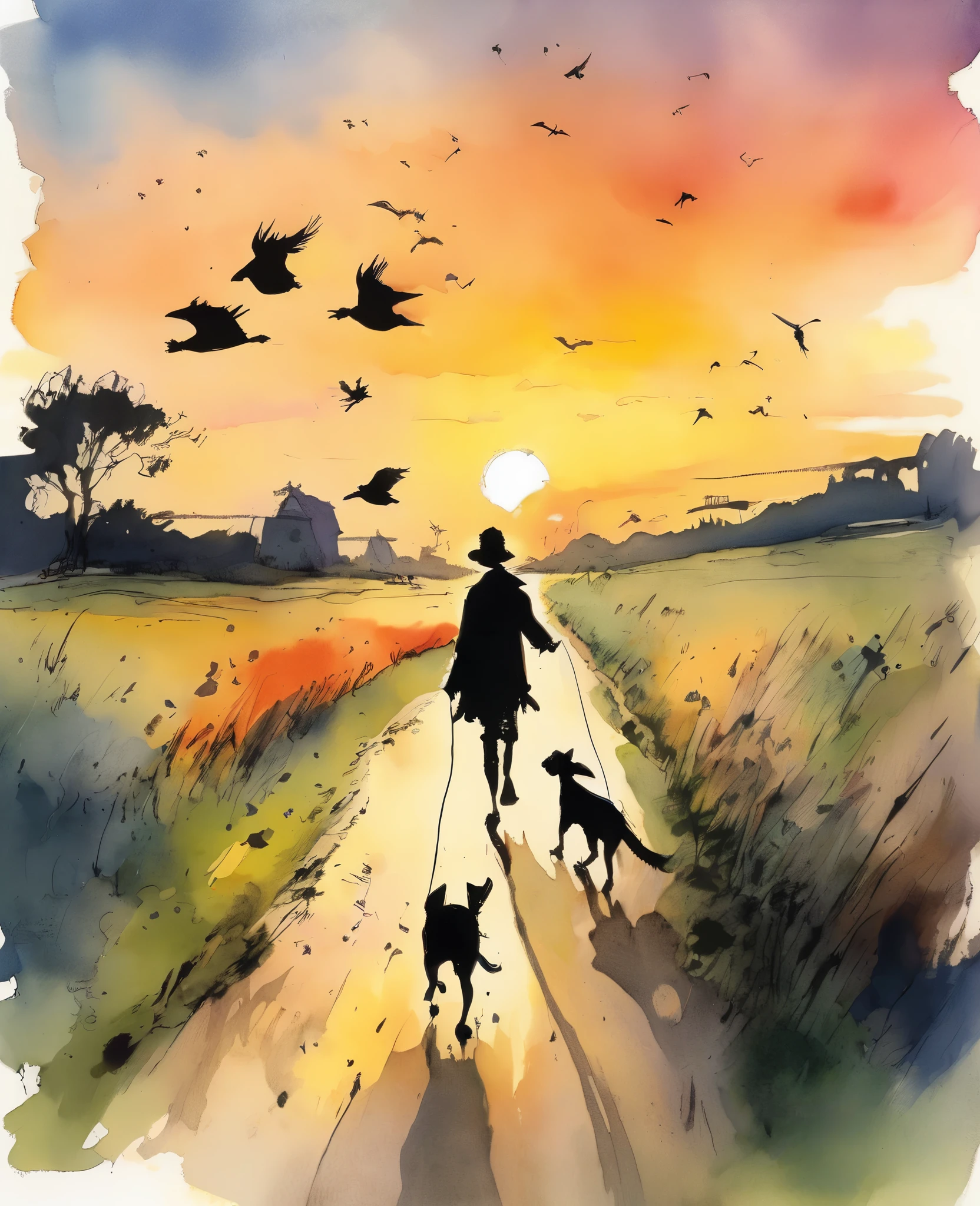 Photo style Quentin Blake 、coucher de soleil、Animaux、Sur le chemin de la maison、Portrait、haute résolution、Marche de l&#39;ombre、la plus haute qualité、chef-d&#39;œuvre、très détaillé