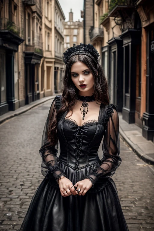 Woman in a black dress posing for a photo., wearing a gothic dress, an elegant gothic princess, victorian gothic, Gothic city streets behind her, Gothic style, gothic aesthetic, victorian gothicic, gothic princess portrait, elegant victorian vampire, wonderful dark hair, regional gothic, gothic influence, gothic fashion, Gothic style, gothic girl, gothic girl